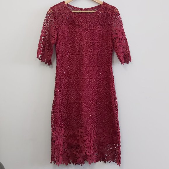 Burgundy 3/4 Sleeve Crochet Lace Dress - Picture 2 of 14
